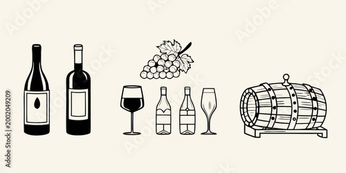 Wine bottles glasses and barrel illustration in black and white