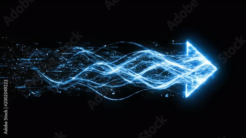 A vibrant, glowing blue arrow composed of swirling energy streaks dominates the left side of a stark black background, creating a dynamic and futuristic visual.
