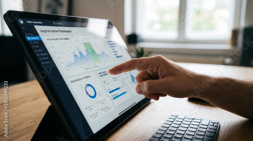 Business professional analyzing customer segmentation data on a digital tablet dashboard for marketing strategy and audience targeting optimization with financial analytics and growth charts.