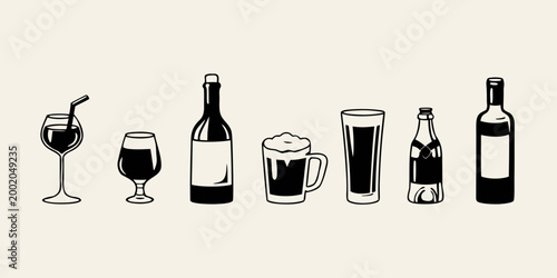 Hand Drawn Beverage Glasses and Bottles Black Line Art
