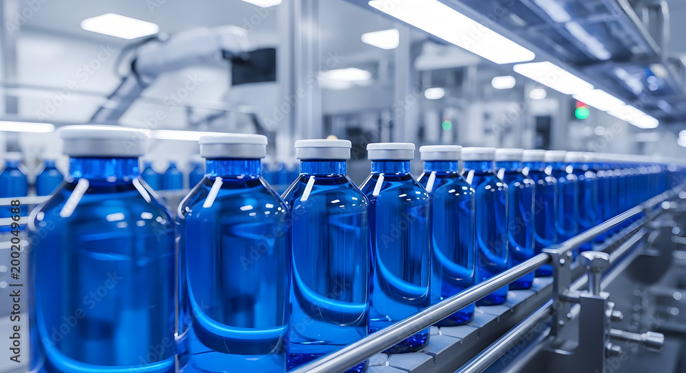 Fototapeta premium Blue water bottles on a factory production line. Generative AI