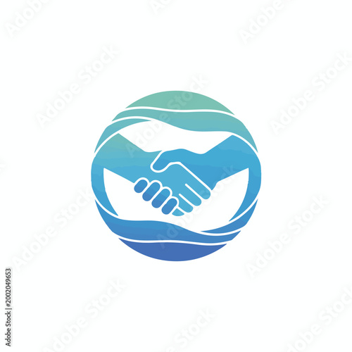 A minimalist logo design featuring hands shaking on a globe icon