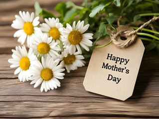 White daisy flowers with gift tag on rustic wooden table for happy mother day celebration botanical floral background.