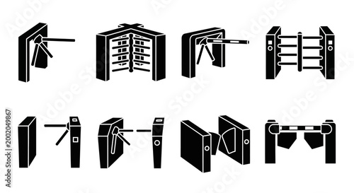 Collection of modern security turnstile and barrier gate icons, vector illustration