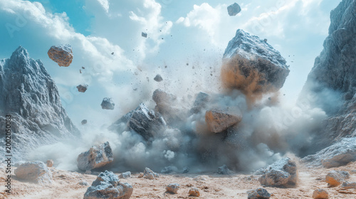 A powerful rock crusher in action shatters massive boulders into smaller fragments amidst a rugged mountainous terrain under bright blue sky with scattered clouds and dust cloud rising from the impact