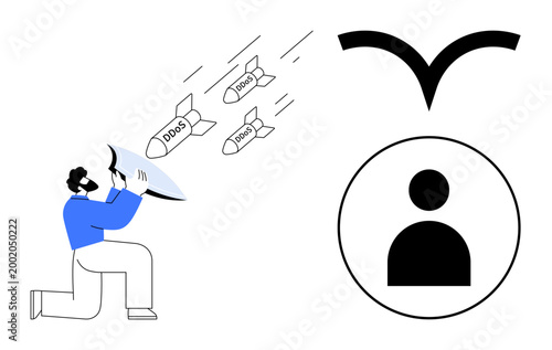 Cybersecurity, data protection, digital defense, user privacy, internet security, online threats. Person using a shield to intercept DDoS attacks and protect a user profile icon. Cybersecurity