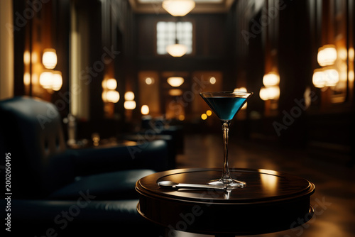 Elegant Blue Cocktail in a Stylish Luxurious Bar Interior Setting