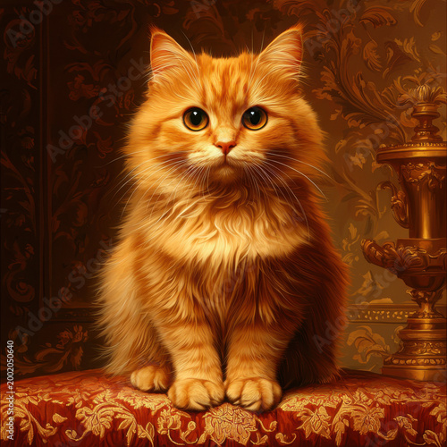Majestic Orange Cat with Fluffy Fur Sitting on Ornate Cushion