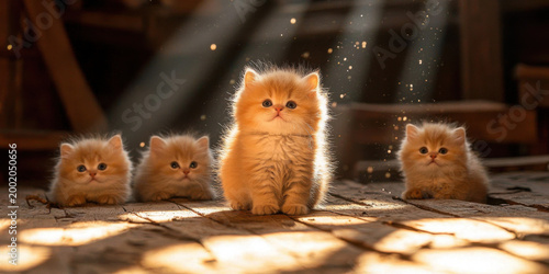 Adorable Golden Kittens Bathed in Warm Sunlight in Rustic Setting