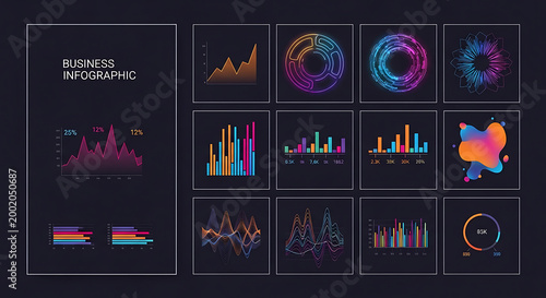 Set of modern colorful business infographics and data visualization elements on dark background with infographic business visualization analysis statistics colorful dashboard elements research