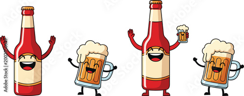 Cartoon Beer Bottles and Mugs with Happy Faces Celebrating Party and Drinking Culture Illustration