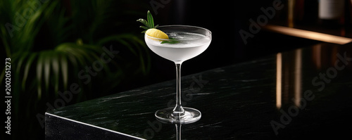 Elegant cocktail with lemon garnish on dark marble bar surface