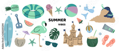 Summer beach fun collection with flamingo sandcastle swimwear inflatable ring ice cream summer time beach toys illustration art collection flamingo sandcastle swimwear surfboard sunglasses