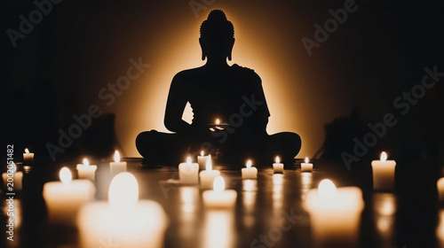 Serene Buddha Silhouette Surrounded by Glowing Candlelight
