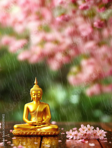 Golden Buddha Statue Surrounded by Cherry Blossoms and Rain