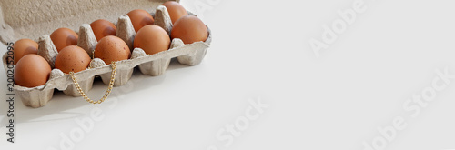 Expensive eggs conceptual banner. Brown eggs in an open cardboard box, a gold chain on top. Conceptual image, rising food prices, inflation, economic crisis