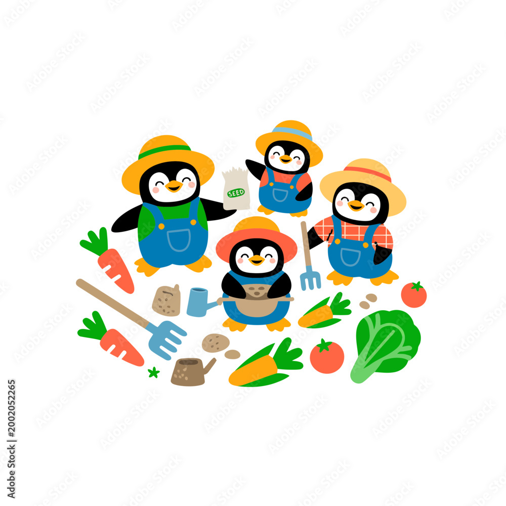 Fototapeta premium Penguins Farming Vegetables in Garden