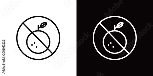 オレンジ不使用のアイコン。アレルギーや猫NGのコンセプト。モノクロベクターイラスト