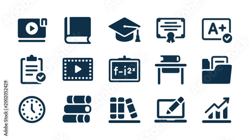 A collection of various educational icons on a clean background