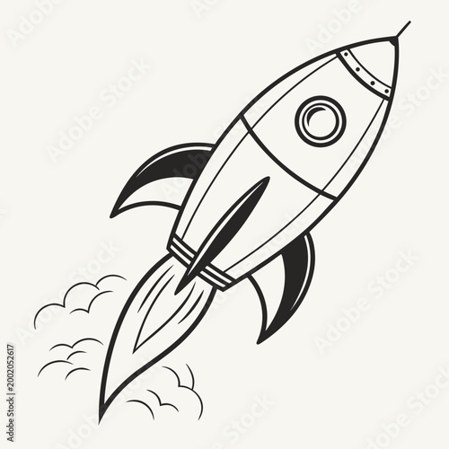 Black and white retro rocket ship launching with smoke spaceship blastoff exploration astronomy transportation propulsion