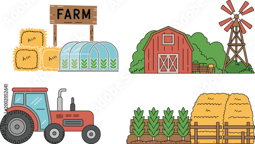 Farm life illustration set with red barn tractor and windmill