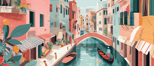 Flat illustration of Venice canal with pink bridge colorful facades and gondola in warm pastel tones. Travel poster for Italy tourism, city guide or European vacation editorial design.
