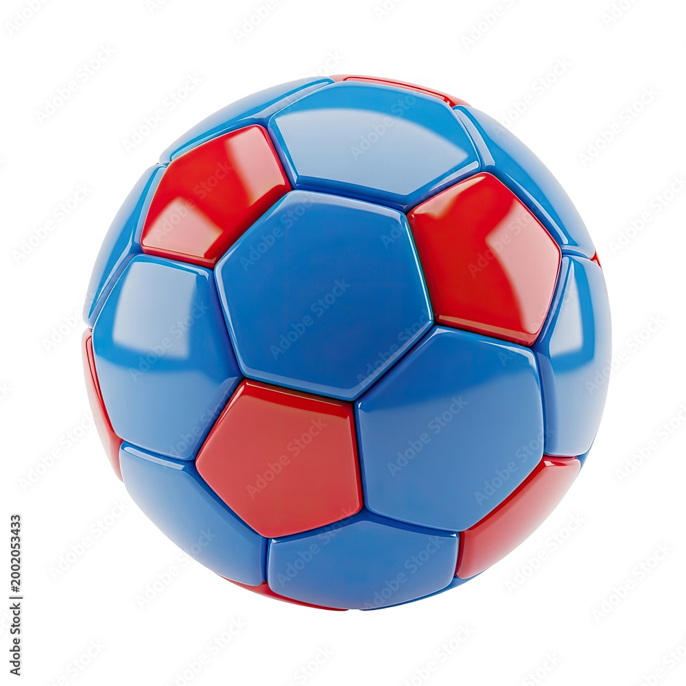 Fototapeta premium A shiny blue and red soccer ball isolated on a white background.