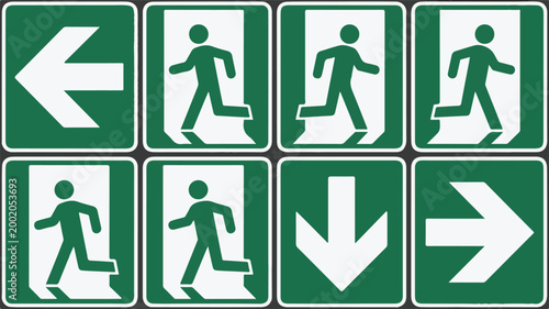 Emergency exit signs are posted in a hallway for safety and evacuation.