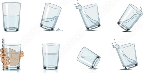 фотографія Glass with Water Illustration Set Featuring Various Angles and Water Spills for