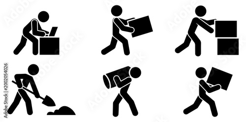 Valokuva stickman delivery labor logistics icon set