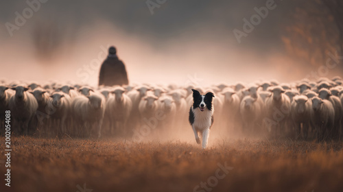 Shepherd dog helping farmer manage a flock of sheep ,work , growing animals, animal care, hard work, care about animals, photo style