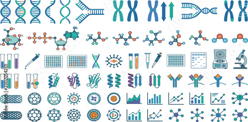 Advanced genetic engineering and biochemistry vector set featuring DNA helix chromosomes molecular structures laboratory equipment proteins and data analytics icons for scientific research.