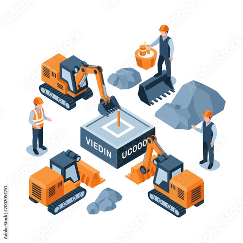 Isometric Construction Site with Heavy Machinery and Workers.