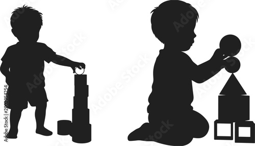 Black silhouette of two boys playing with building blocks children toys