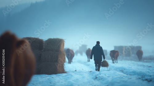 Farmer carrying hay bales to feed cattle in winter ,work , growing animals, animal care, hard work, care about animals, photo style