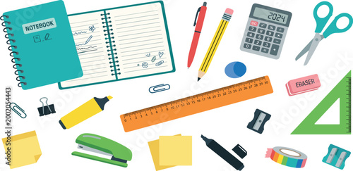 Back to school flat vector set featuring spiral notebooks calculator ruler scissors pens pencils stapler and various desk stationery for student education and office design.
