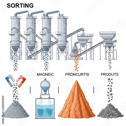 Sorting Process Illustration - Magnetic, Proncurtis, and Products Separation.