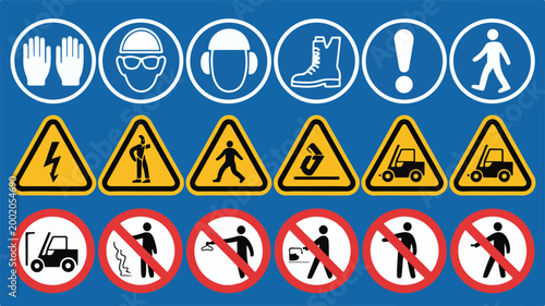 A set of industrial safety and warning signs displayed on a blue background for workplace hazard prevention and regulatory compliance purposes.
