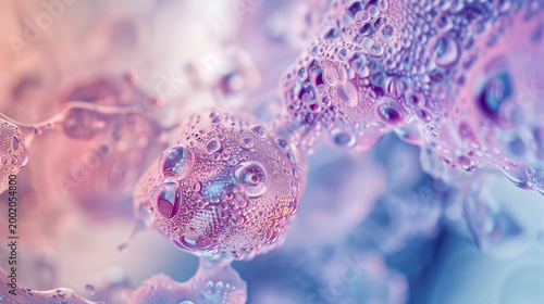 Microscopic organic structure, cellular texture with liquid droplets, biotech science background, macro detail