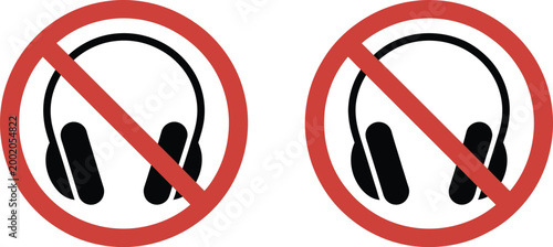 Headphone prohibition signs set, no headphones allowed symbols for restricted areas public safety and noise control warning signage design.
