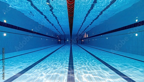 Underwater perspective of a swimming pool with clear blue water and lanes