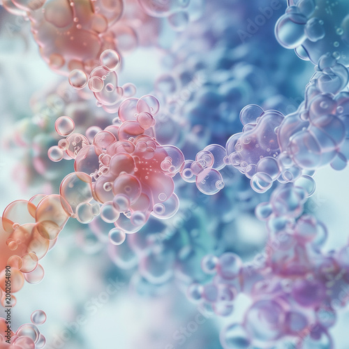Abstract molecular structure, microscopic liquid bubbles network, biotechnology science background, soft pastel colors