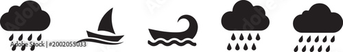 Weather icons with rain clouds and boats on waves