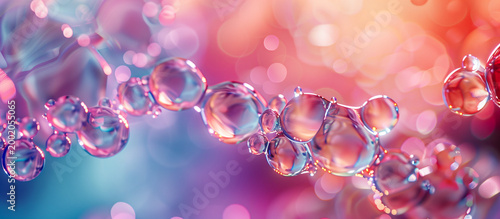 Abstract liquid bubbles chain, microscopic fluid structure, biotech background, soft pastel gradient, banner design