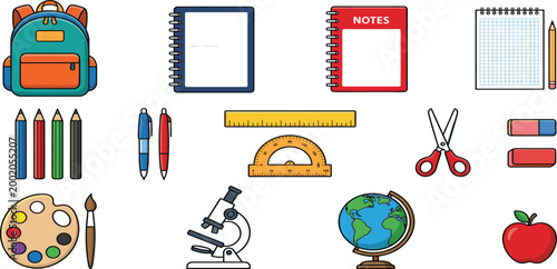Comprehensive back to school education vector set featuring school backpack notebooks microscope globe colorful paints and various stationery supplies for student learning.