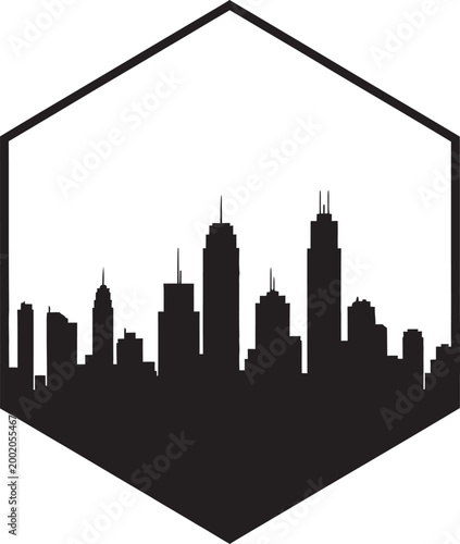 City skyline silhouette within a hexagonal frame modern urban landscape