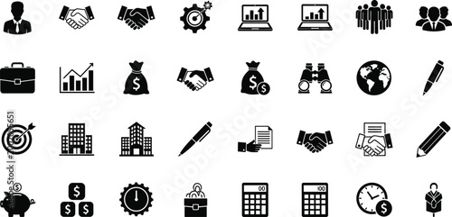 Set of professional business and finance icons featuring corporate characters growth charts handshake symbols and office management tools for commercial web design