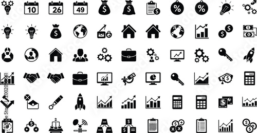 Set of professional business and financial icons featuring growth charts money symbols office management tools and creative startup elements for corporate design