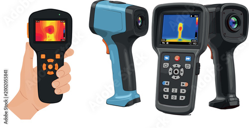 Thermal imaging cameras and infrared scanners set with handheld devices showing heat maps, industrial inspection technology vector illustration collection