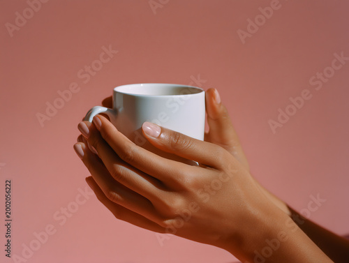 Close-up hands holding white coffee cup